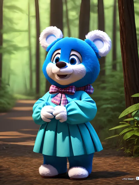 A blue teddy bear lady in a blue dress stands in the woods, 3D model of a Japanese mascot, Maya 8 K, anime lush john 8k woods, 3 d character, 3d character, Diego 5, 3D model Pixar rendering, an animated character, 3 d character render, Fanart, movie charac...