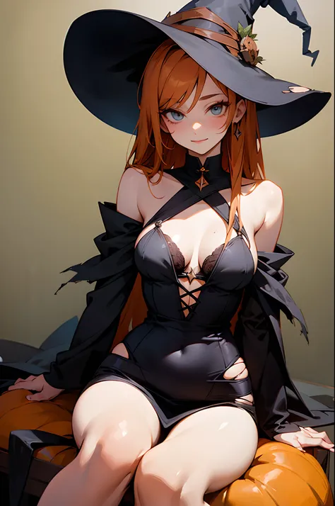 Witch (Holding on to the hat with your hand) Sitting on a pumpkin, torn clothing, Shoulders open, sexy witch clothes