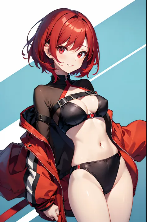 Girl with red medium bob hair、Red Eyes、17 age、One Woman、from the front side、Black Bikini、Navel Ejection、Cheerful smile、Medium chest、top-quality