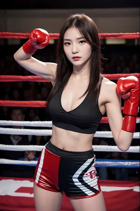 arafed woman in a boxing ring with a red glove, posing ready for a fight, in a boxing ring, she is ready to fight, posing for a fight, fighter pose, in a fighting pose, boxing, fight pose, boxing match, chengyou liu, wenfei ye, gorgeous young korean woman,...