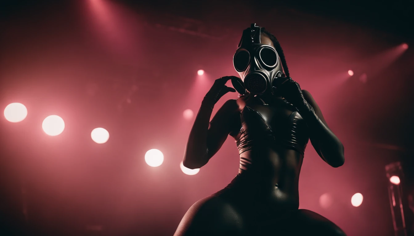 stripper dancing on a podium wearing a gas mask, latex leotard, dark clubbing, niightclub ultra detailed.