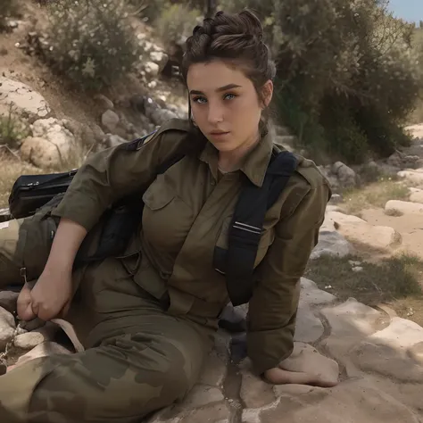 raw photo, fadeev , full bodyesbian, natural skin, 8k  uhd, high quality, filmgrain, hair in a bun, israeli uniform, battlefiled...