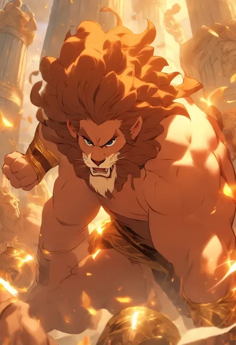 (((HERCULES))) best quality, ultra-high resolution, 4K detailed CG, masterpiece, lion, man, Greek clothing, temple, Greek mythology, ((fighting with the lion)), Greek painting style, aesthetics, screen-centered