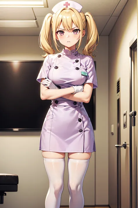 1girl, solo, nurse, nurse cap, white wear, ((white legwear, zettai ryouiki)), white gloves, twintails, yellow hair, purple eyes, angry, crossed arms, standing, ((hospital room)), sharp outline, short sleeves, best quality, masterpiece