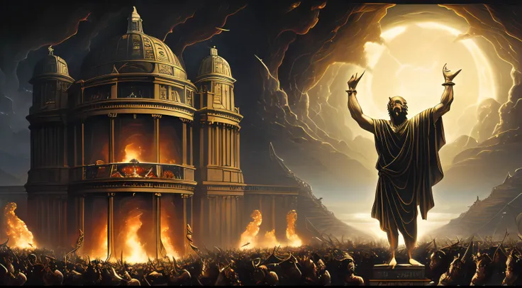 realistic (illustration from a book:1.1) of (hell:1.3), intricate composition, , detailed, epic lighting, gustavedore style, Socrates with his finger raised and standing --auto