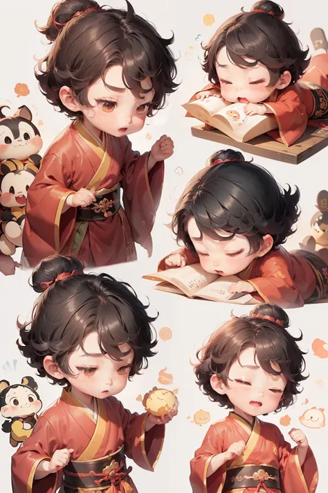A cute little boy scholar of the Tang Dynasty、emoj、Books grow robes、Disney style、Black strokes、differentemotions、Multiple locations and emojis、8K
