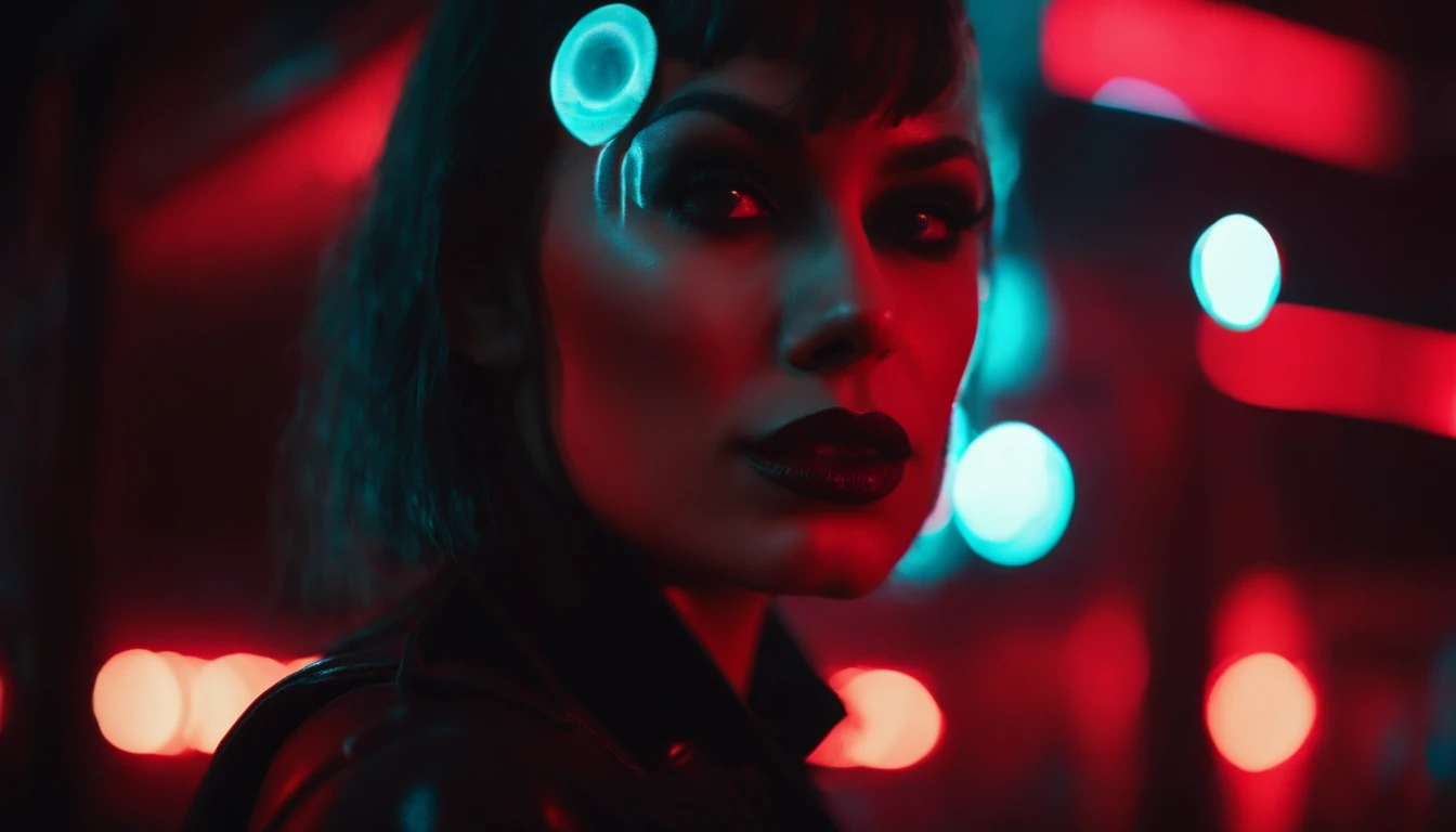 close up of a beautiful vampire woman in a night club, red neon lights, dark clubbing, blood on her face, horror cyberpunk aesthetic.