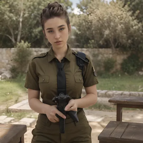 raw photo, fadeev , full bodyesbian, natural skin, 8k  uhd, high quality, filmgrain, hair in a bun, israeli uniform, battlefiled...