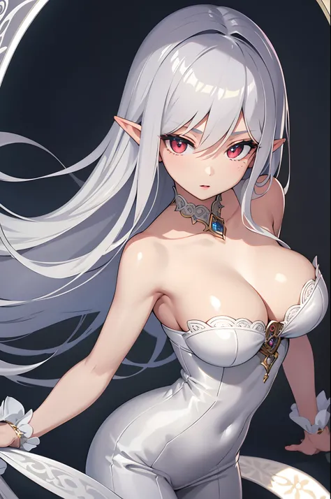 1girl, anime, cute girl, elf, blank background, white background, fantasy, detailed dark fantasy dress with highlights, beautiful face, beautiful eyes, dark colors, medium breasts, slight cleavage, beautiful skin, cute, silver hair, red eyes, breast curtai...