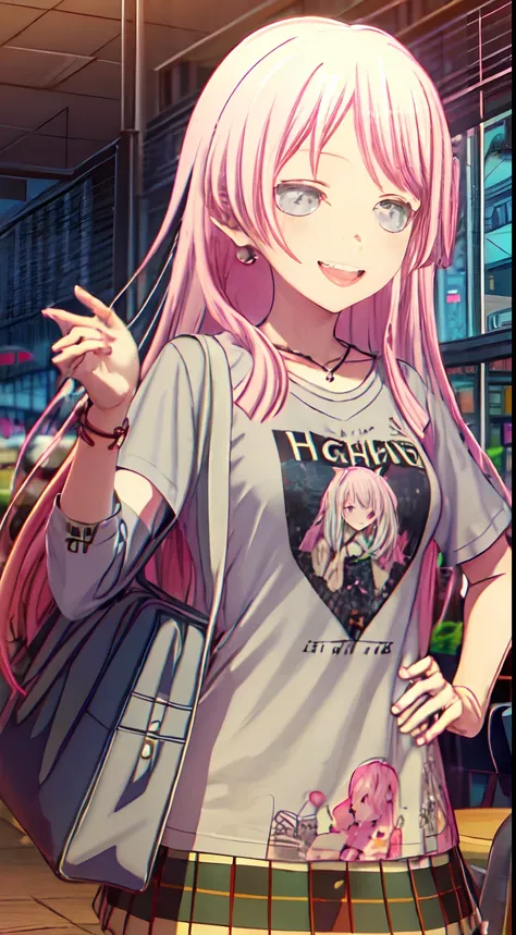 ((masterpiece :1.2)), ((high quality)), anon_chihaya, bang_dream, solo, long_hair, pink_hair, grey_eyes, happy, cute pose, winking_eye, t-shirt, city, midnight.