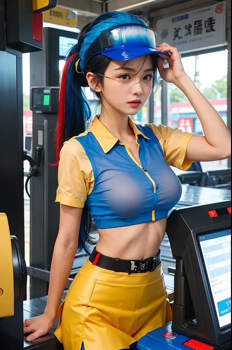 there is a woman in a blue and yellow outfit standing next to a machine, chun li at the gym, gas station, (sfw) safe for work, trending on cgstation, deviantart artstation cgscosiety, realistic anime 3 d style, smooth anime cg art, detailed digital anime a...