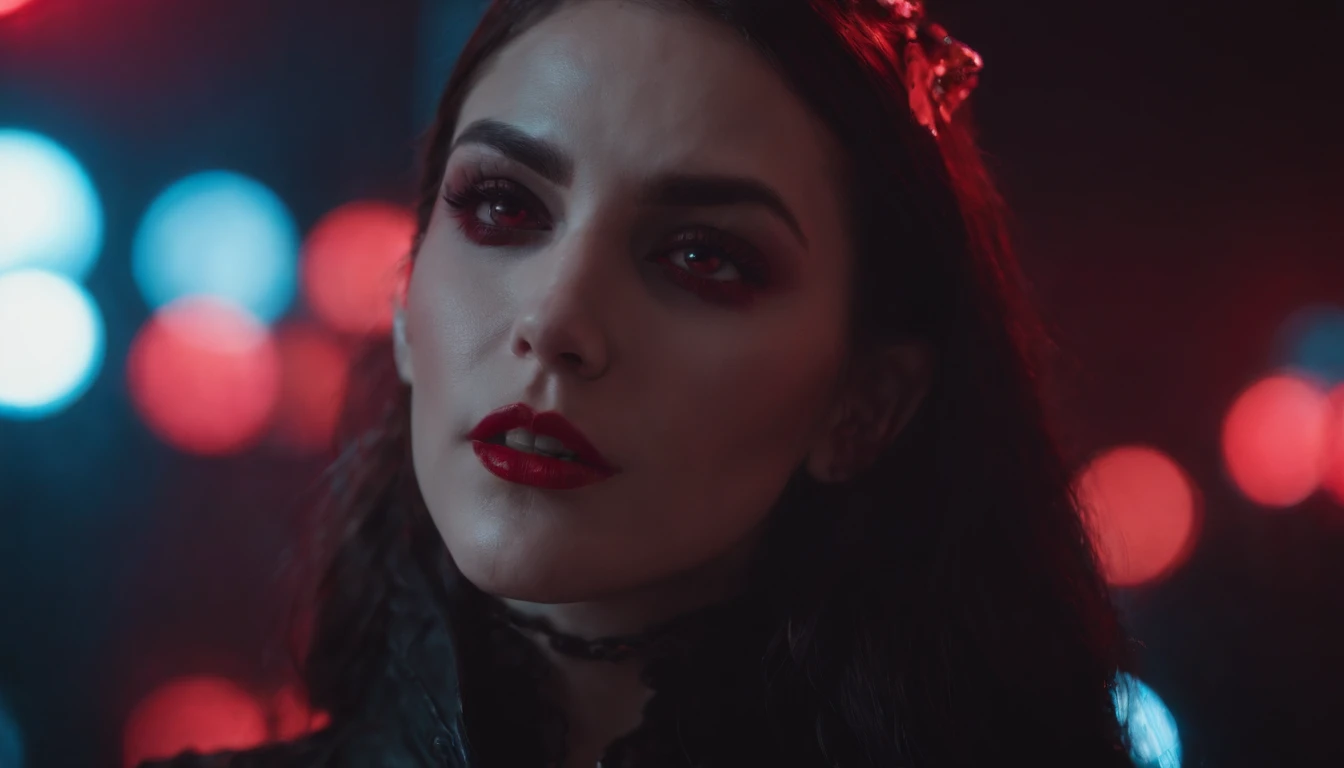 close up of a beautiful vampire woman in a night club, red neon lights, dark clubbing, blood on her face, horror cyberpunk aesthetic.