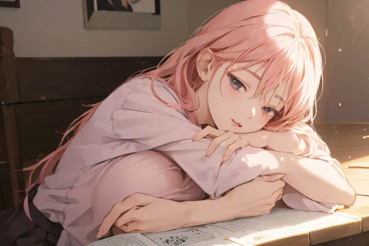 Anime girl with pink hair sitting at table，Doze off with your head resting on your hands, anime big breast. Soft lighting, Anime girl with long hair, Smooth anime CG art, a beautiful anime portrait, realistic anime artstyle, (Anime girl), anime visual of a...