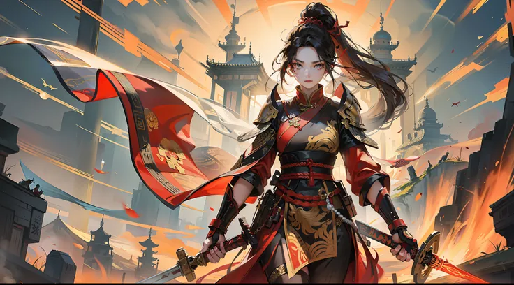 Chinese style, ancient battlefield, an ancient Chinese female general, holding a sword in her hand, grim expression, full body, amazing facial features, red robe, armor, boots, yellow sand in the sky, fleeing crowd, firelight, game model, stunning lighting...