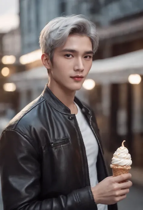 Handsome mid-young man wearing a leather jacket, wearing a cap, with silver hair, holding ice cream, silver messy hair, handsome, sexy and masculine beauty, some beard, repairing a car in a very cool pose, super detailed face, (8k, RAW photo, photorealisti...