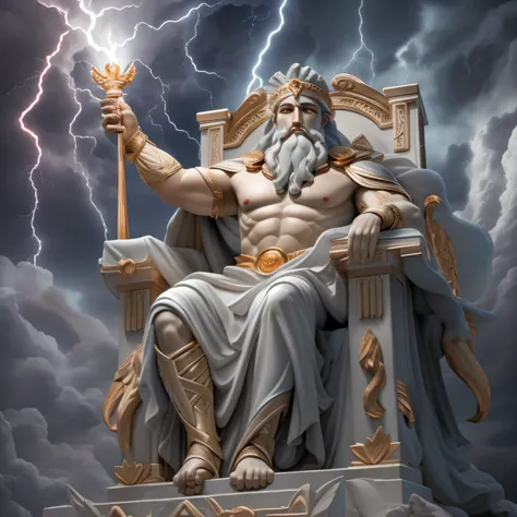 Magnificent image depicting Zeus, greek god々King of, In all its splendor. He sits on the heavenly throne, Holding lightning in your hands, With an impressive and majestic look. Around you, Charged clouds and lightning illuminate the scenery, Communicating ...