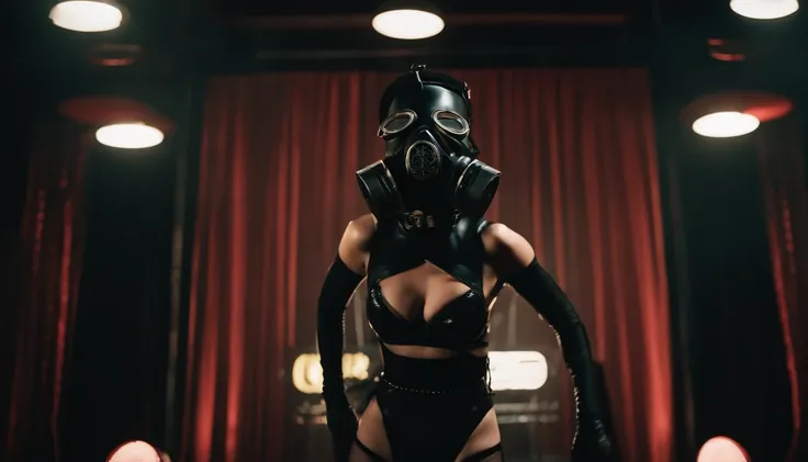 stripper dancing on a podium wearing a gas mask, latex leotard, dark clubbing, nightclub, goth club, gothic cyberpunk, cyberpunk aesthetic, industrial aesthetic, goth aesthetic, ultra detailed.