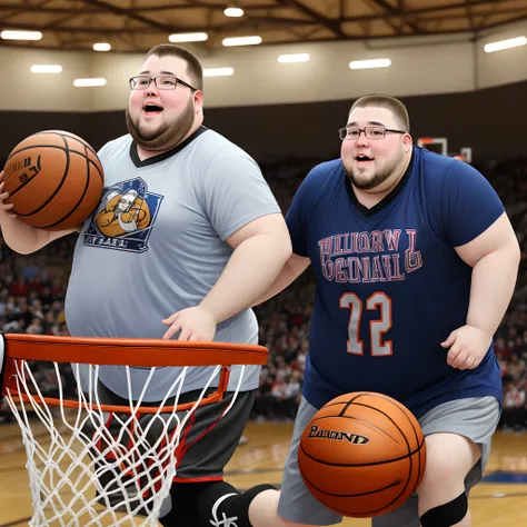 Fat guy making basketball hoop with goatee and glasses