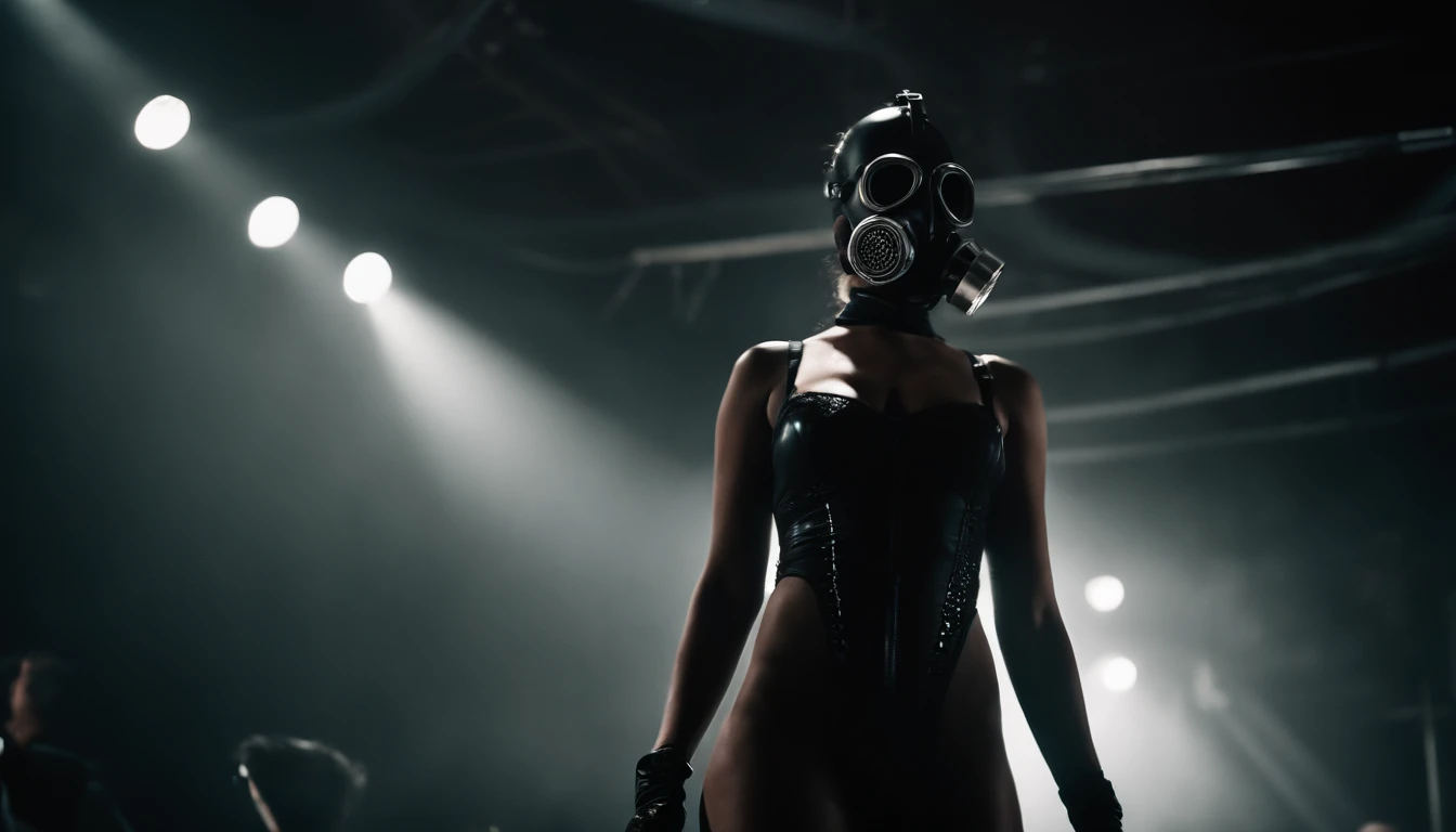 stripper dancing on a podium wearing a gas mask, latex leotard, dark clubbing, nightclub, goth club, gothic cyberpunk, cyberpunk aesthetic, industrial aesthetic, goth aesthetic, ultra detailed.