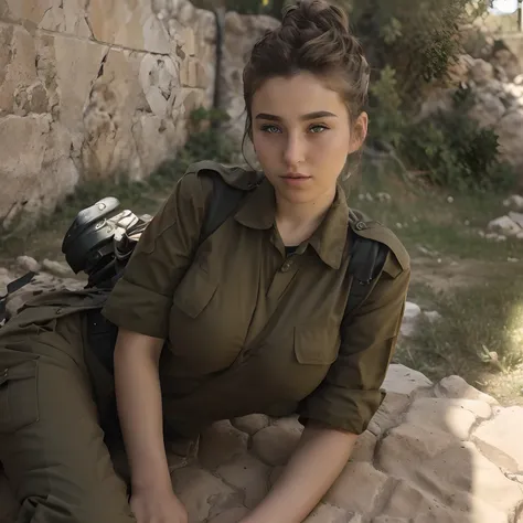 raw photo, fadeev , full bodyesbian, natural skin, 8k  uhd, high quality, filmgrain, hair in a bun, israeli uniform, battlefiled...