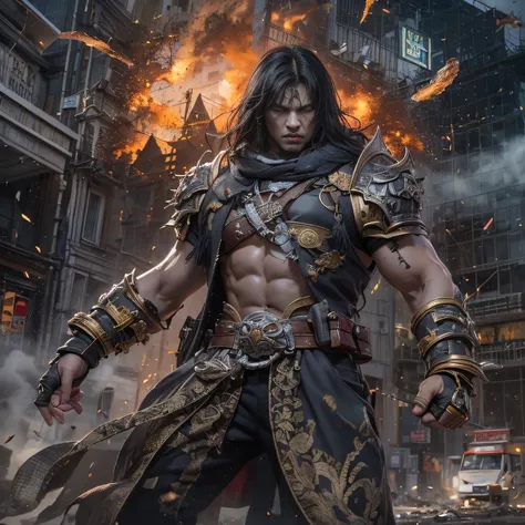 Doomsday ruins（废墟）Climb the streets（Armageddon）eyes filled with angry，He clenched his fists，Rush up，Deliver a fatal blow to your opponent，full bodyesbian，Full Body Male Mage 32K（Masterpiece Ultra HD）Long flowing black hair，Campsite size，zydink， The wounded...