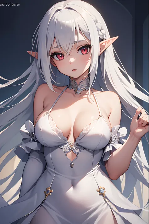 1girl, anime, cute girl, elf, blank background, white background, fantasy, detailed dark fantasy dress with highlights, beautiful face, beautiful eyes, dark colors, medium breasts, slight cleavage, beautiful skin, cute, silver hair, red eyes, breast curtai...