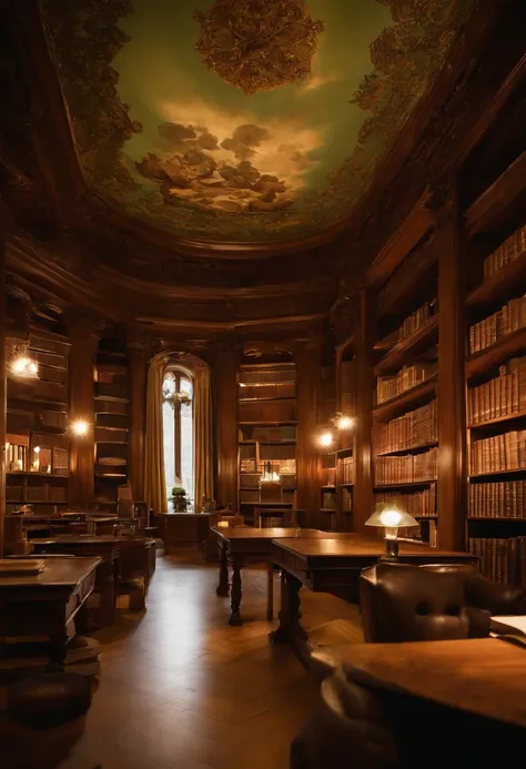 Alte Bibliothek, Es gibt ein kostbares Buch, verstaubte Regale.   Carvings add a mystical touch to the atmosphere of the library, harmonizes perfectly with the warm tones of walnut. Durch die bunten Fenster an der rechten Seite scheint das Sonnenlicht hine...