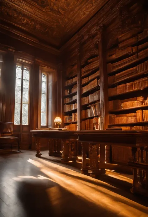 Alte Bibliothek, Es gibt ein kostbares Buch, verstaubte Regale.   Carvings add a mystical touch to the atmosphere of the library, harmonizes perfectly with the warm tones of walnut. Durch die bunten Fenster an der rechten Seite scheint das Sonnenlicht hine...