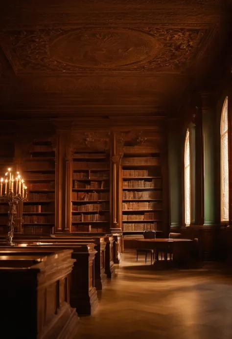 Alte Bibliothek, Es gibt ein kostbares Buch, verstaubte Regale.   Carvings add a mystical touch to the atmosphere of the library, harmonizes perfectly with the warm tones of walnut. Durch die bunten Fenster an der rechten Seite scheint das Sonnenlicht hine...