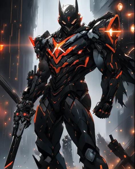 batman arkham knight in a futuristic suit with red lights, cyberpunk batman, batman mecha, batman beyond, in batman : arkham kni...