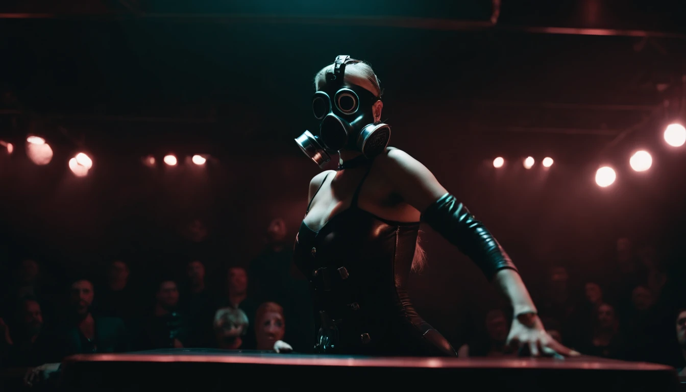 stripper dancing on a podium wearing a gas mask, latex leotard, dark clubbing, people dancing in the background, nightclub, goth club, gothic cyberpunk, cyberpunk aesthetic, industrial aesthetic, goth aesthetic, ultra detailed.