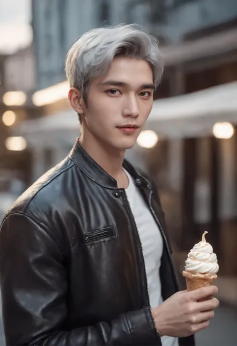 Handsome mid-young man wearing a leather jacket, wearing a cap, with silver hair, holding ice cream, silver messy hair, handsome, sexy and masculine beauty, some beard, repairing a car in a very cool pose, super detailed face, (8k, RAW photo, photorealisti...