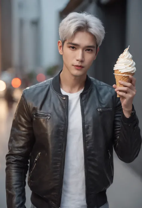 Handsome mid-young man wearing a leather jacket, wearing a cap, with silver hair, holding ice cream, silver messy hair, handsome, sexy and masculine beauty, some beard, repairing a car in a very cool pose, super detailed face, (8k, RAW photo, photorealisti...