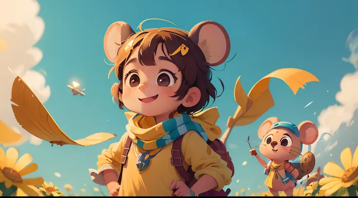 Pimpão is a charming little mouse, um sorriso encantador, Wearing a small yellow and blue colored scarf around her neck, Com Olhos Brilhantes, A plane near Pimpão, reflecting your determination and courage.