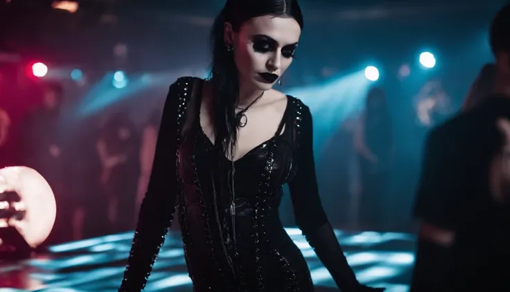 beautiful goth girl with dripping make-up in a goth club, dark clubbing, people dancing in the background, nightclub, goth club, gothic cyberpunk, cyberpunk aesthetic, industrial aesthetic, goth aesthetic, ultra detailed.