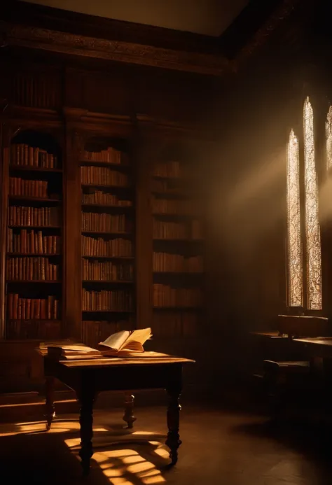 Old library, There is a precious book, dusty shelves. Carvings give the atmosphere of the library a mystical touch, harmonises perfectly with the warm tones of the walnut tree. Sunlight shines in through the colourful windows on the right side. Shadows on ...