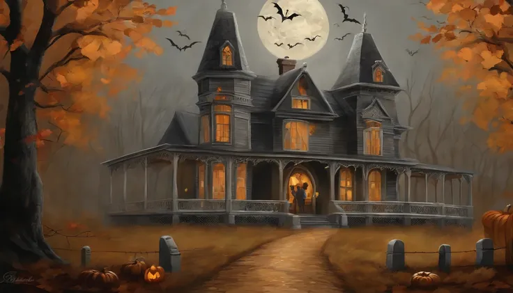 Painting Design Vintage Halloween Art, Espeluznante malhumorado, Neutral rustic style, on an autumnal grey morning, con personajes fantasmas caminando.