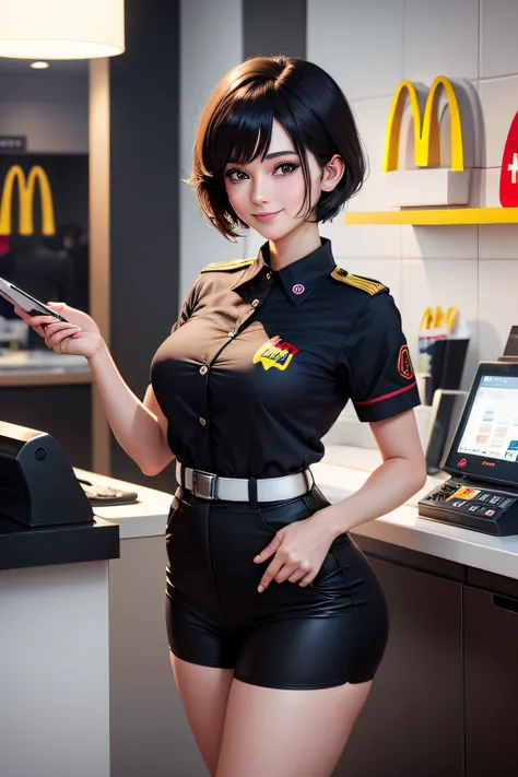 femele　A dark-haired　A sexy　McDonalds clerk　Wearing a McDonalds uniform　shorth hair　Standing at the cash register　a smile　Shorthair　There is an M mark on the uniform