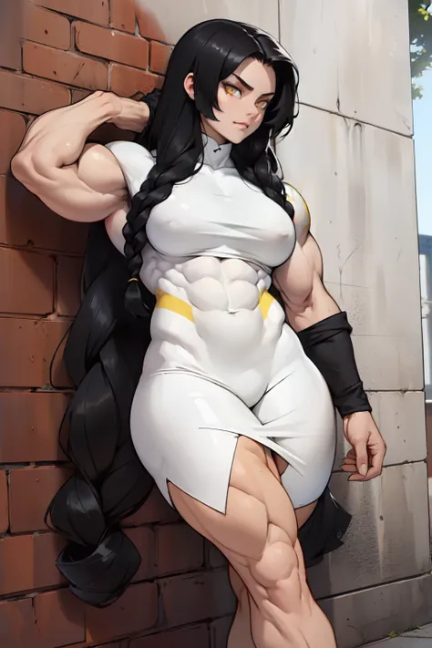 ((((((((1 girl)))))))), (((((((muscular))))))) black hair, yellow eyes, very long hair, tall, pale skin, (seductive expression), against wall