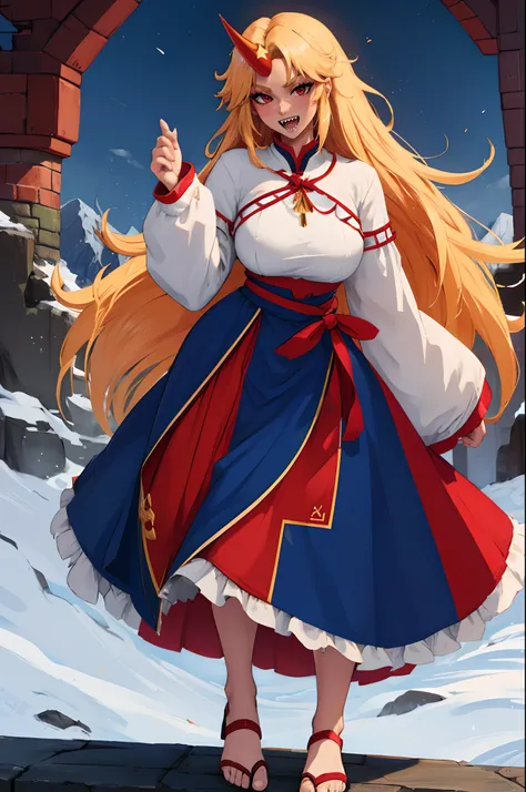 hoshiguma yuugi, european medieval cloths, crazy smile, medium breast, large skirt, long skirt, flipflops, full body, standing, medieval clothing,long skirt,(best quality,4k,8k,highres,masterpiece:1.2),ultra-detailed,(,1.37),portraits,vivid colors,warm ton...