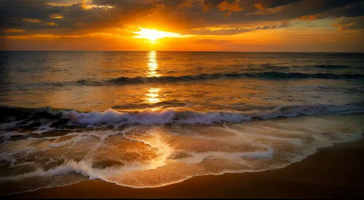 An absolutely mesmerizing sunset over the beach, with a blend of oranges, pinks, and yellows filling the sky. Crystal-clear waters of the sea gently kissing the shore, with sandy white beach stretching far and wide. The scene is dynamic and breathtaking, w...