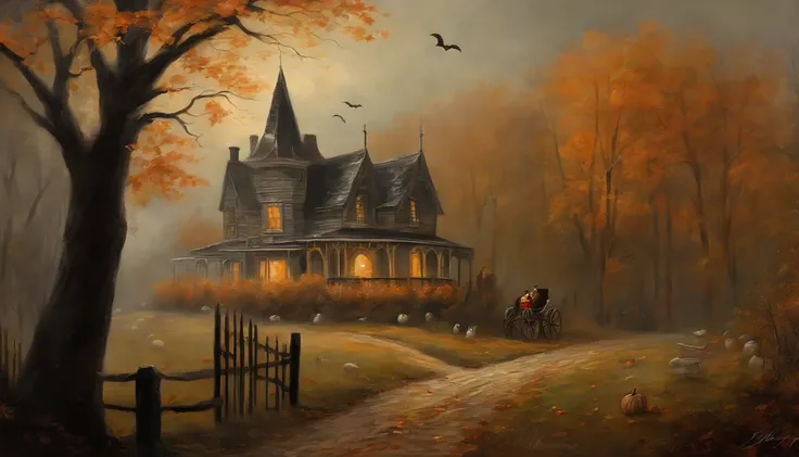 Painting Design Vintage Halloween Art, Espeluznante, Neutral rustic style, on an autumnal grey morning, con personajes fantasmas asustando por la calle.