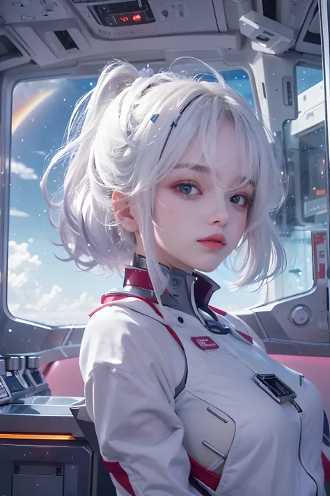 (((Extra Upper Body)))、(Frontal shot)、１People Girls、(((looking at view)))、White hair、Inside the Cyber Spaceship、Girl floating on board、Evangelion、Beautiful galaxy outside the window、