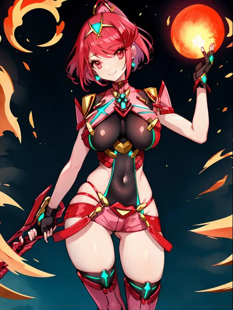 pyra (xenoblade), teen_1girl, loli, bangs, black gloves, breasts, red eyes, shout, earrings, eyelashes, fingerless gloves, floating hair, , gem, gloves, hair ornament, headpiece, jewelry, gigantic_breasts, leaning back, swimsuit, neon trim, official art, p...