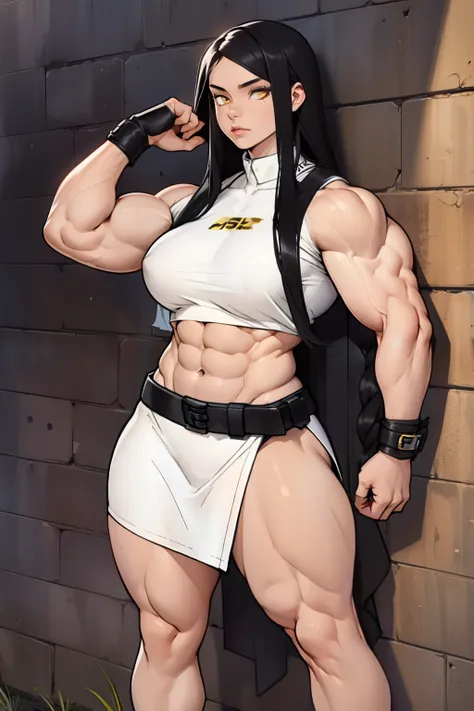 ((((((((1 girl)))))))), (((((((muscular))))))) black hair, yellow eyes, very long hair, tall, pale skin, against wall