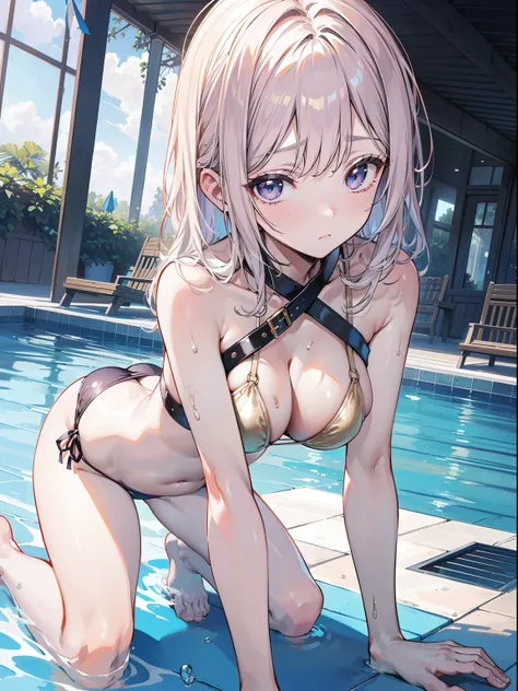 1 beauty, Light Purple Eyeshadow, Watery Big Eyes,Beautiful constriction,(Flustered expression)，embarrassed from, long eyelasher,Blushlush, in poolside, Wet whole body, ((Champagne Gold Bikini Swimsuit)),((pointed chest:1.2))、(Anti-Bull Bra Shoulder Straps...