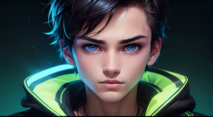 Create a boy model striking, high-resolution image with a neon background while preserving the facial features and expression of the subject. The background should feature vibrant, realistic neon lights and futuristic elements, providing an eye-catching, u...