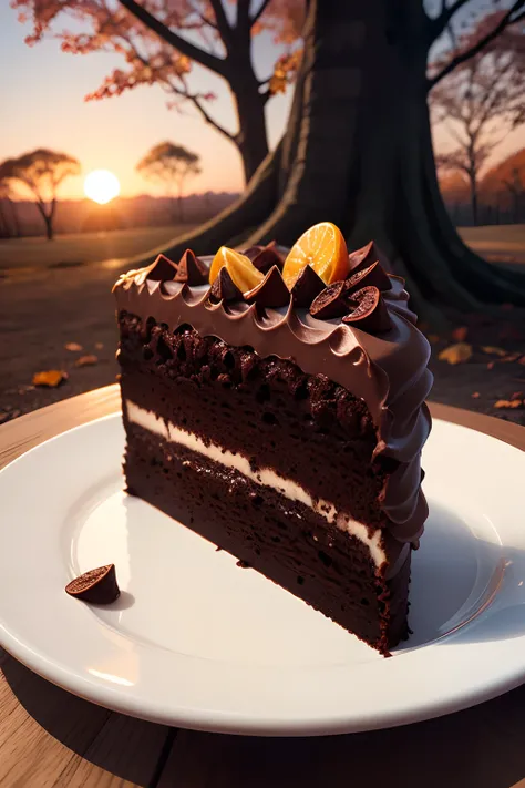 A three-layer chocolate cake containing dried fruits inside near a tree on which small pieces of chocolate fall in the sunset atmosphere