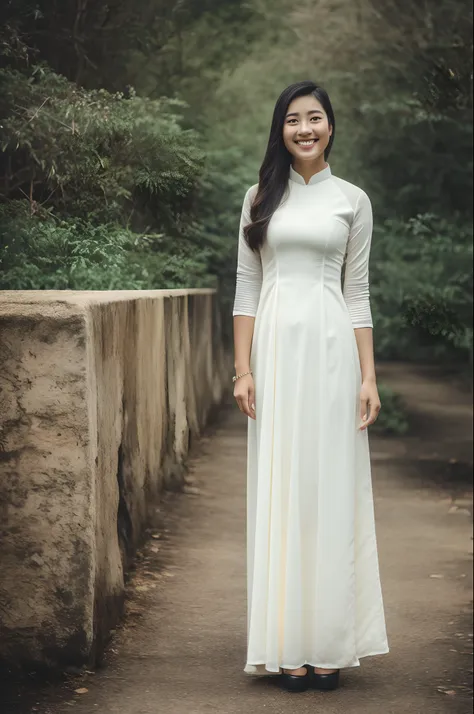 1girl, aodai  skinny, break depth of field, film grain, wrinkled skin, looking at viewer, knee, warm smile, (upper body) masterp...