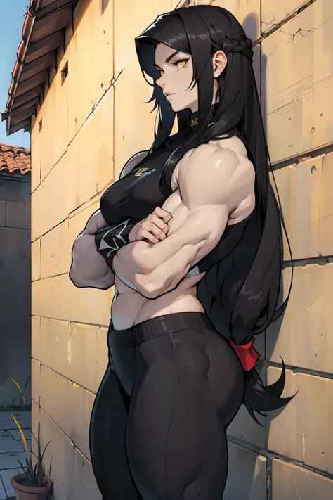 ((((((1 girl)))))), (((((muscular))))) black hair, yellow eyes, very long hair, tall, pale skin, against wall